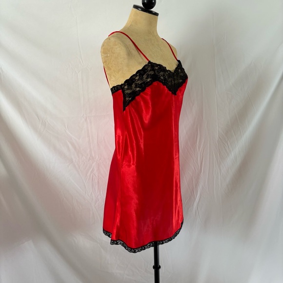 Vintage red black satin lace slip dress nightie lingerie medium large - Picture 3 of 8